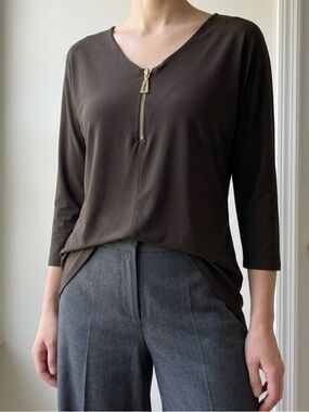 Carmen Marc Valvo Espresso Brown Zip Tunic S - 90s Minimalist Luxe Professional